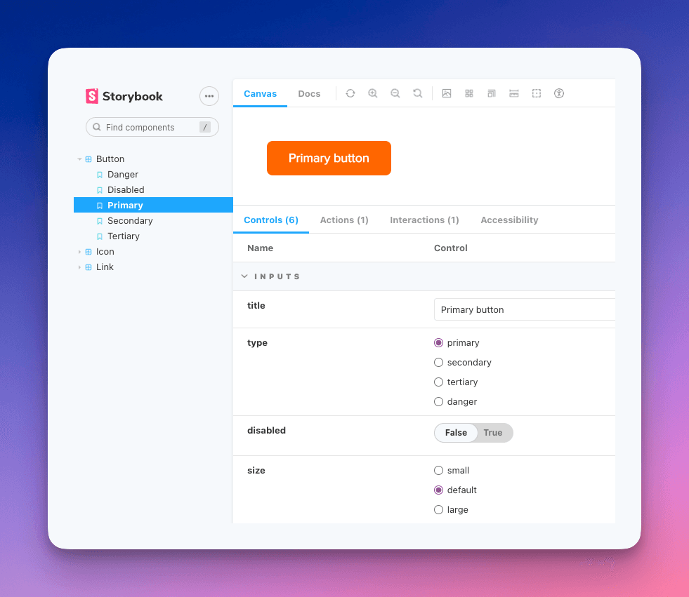 The UI of running Storybook locally